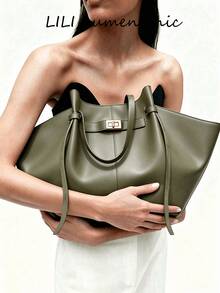Tote Bag With Embossed Pattern And Metal Lock Clasp Decor, Large Capacity For Books And Personal Items, Drawstring Closure, Premium Minimalist Style, Versatile Shoulder Bag For Commuting, Work, School, Shopping, Travel, Fashion Women's Bag - Green - View 6