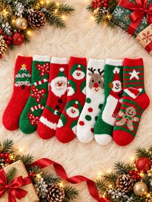 1/3/5/7 Pairs Unisex Christmas Santa Claus, Reindeer, Snowman Pattern Red & Green Contrast Color Plush Mid-Calf Socks, 3D Fluffy Pattern With Soft Cuff, Warm And Comfortable, Cute Holiday Style, Suitable For Winter Home, Christmas Party And Gift Giving - Multicolor - View 3