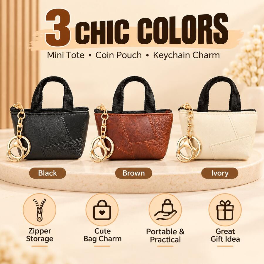 1pc Mini Handbag Keychain, Zipper Coin Purse Pendant With Key Ring And Lobster Clasp, Mini Handbag Storage Bag For Coins, Keys And Small Items, Cute Women's Bag Accessory - Multicolor - View 1