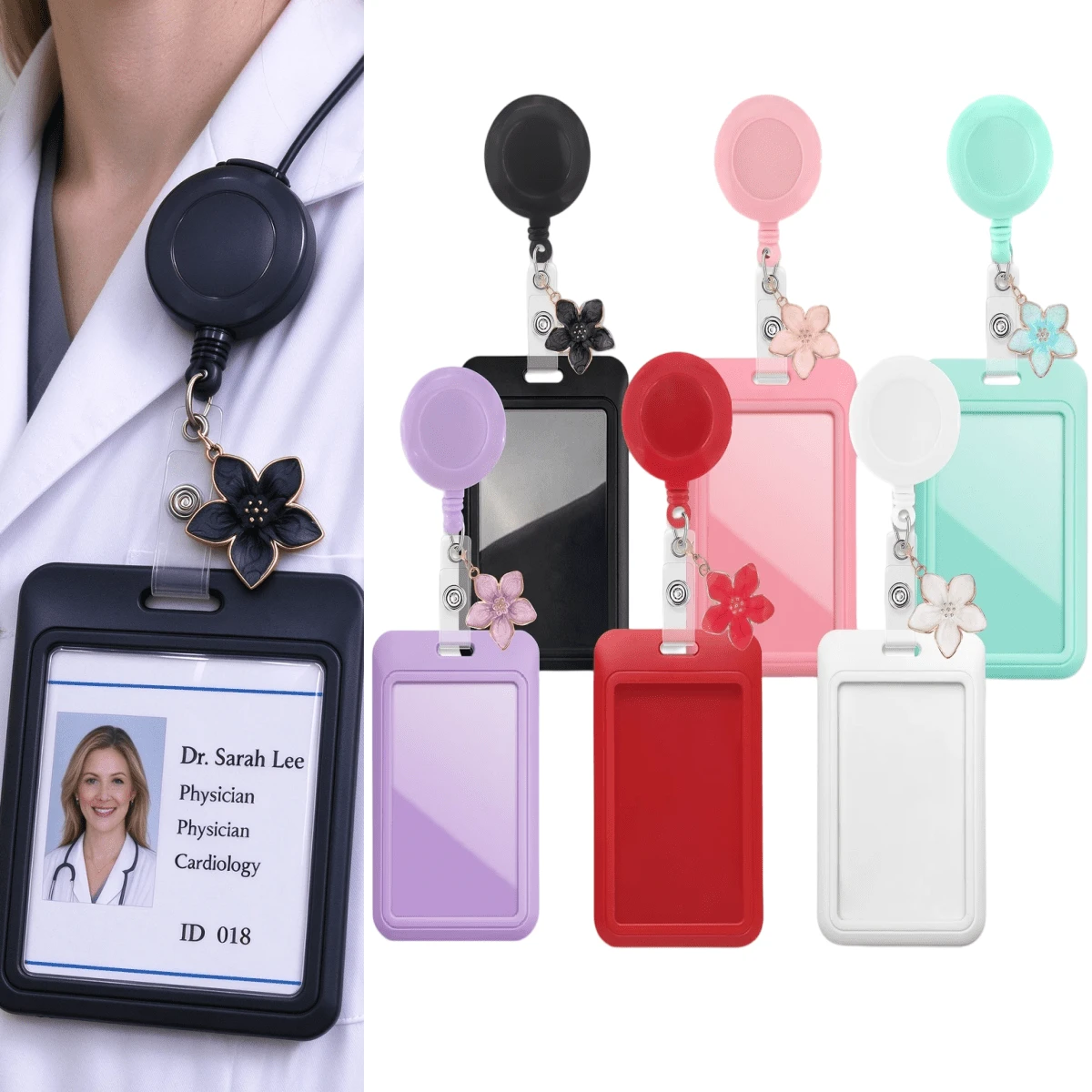 1pc Colorful Sliding ID Card Holder With Retractable Nurse Badge Reel, Cute Flower Badge Charm, Suitable For Credit Cards, Access Cards, Gift For Doctors, Nurses, Teachers And Office Staff - Multicolor - View 1