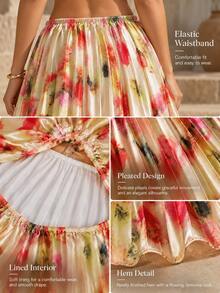 Women's Elegant Floral Pleated Spaghetti Strap Dress, Flowy Backless Dress, Suitable For Vacation, Party, Evening Event - Apricot - View 8