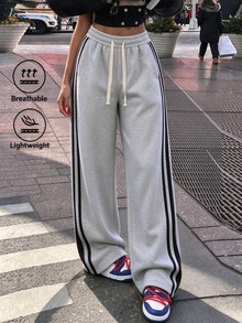 女款彈性腰側邊對比條紋寬腿運動褲，寬鬆休閒日常運動長褲（灰色） - 灰色 - 查看 1
