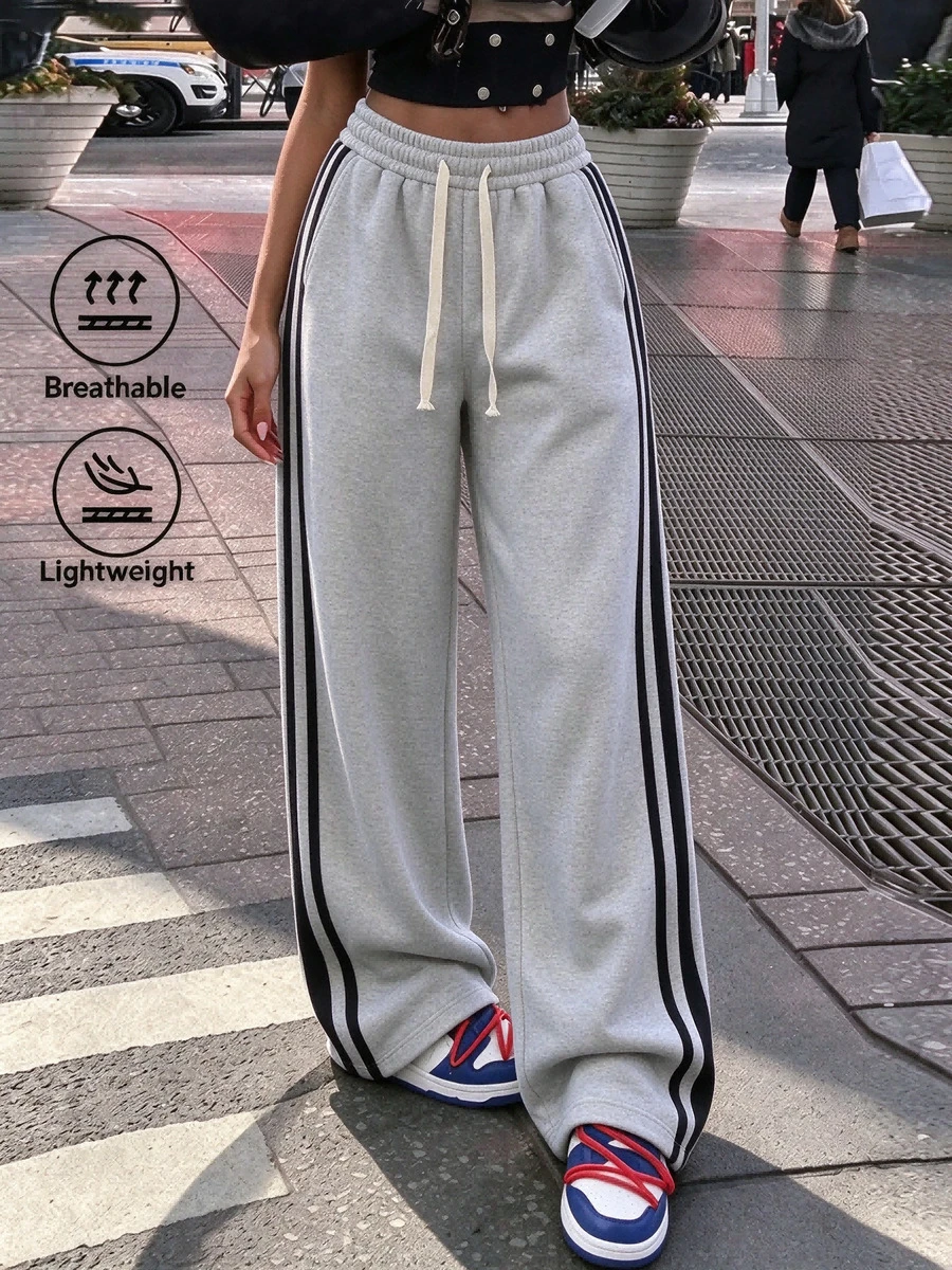 女款彈性腰側邊對比條紋寬腿運動褲,寬鬆休閒日常運動長褲(灰色) - 灰色 - 查看 1