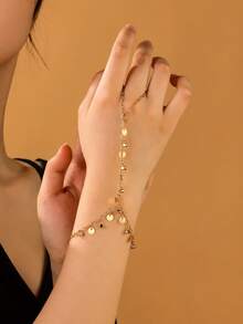 3 PiecesGold Round Pendant Bracelet Set With Sequin Tassel Decoration, Metal Disc Bracelet, Minimalist Style, Adjustable Size, Suitable For Daily Wear, Commuting And As A Versatile Gift For Girlfriend, Family, Friends - Bracelet - View 10