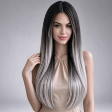 24 Inch Black To Gray Gradient Middle Part Long Straight Hair Wig, Flattering Face Shape, Suitable For Daily Wear, Holiday Parties, Cosplay - Black-grey Gradient - View 2