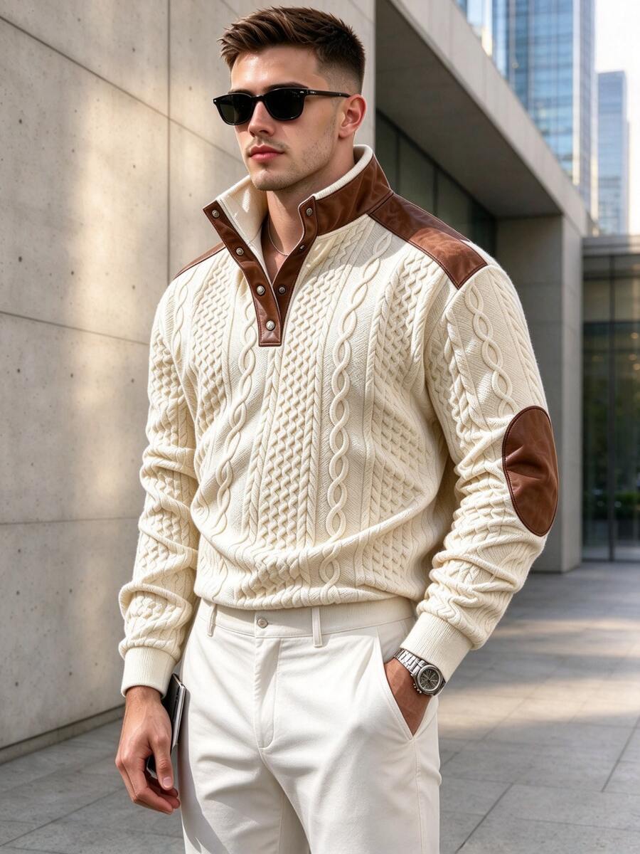 Men's Jacquard Colorblock Old Money Style Textured Fabric Fashion Casual T-Shirt Long Sleeve T-Shirt - Khaki - View 1