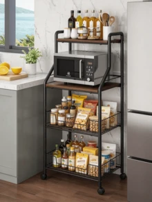 1pc 4-Tier Movable Metal Storage Rack, With Wood Top And Universal Wheels, Wire Storage Baskets, Stable Structure, Space Saving, Floor Standing Storage Rack / Storage Cart, Suitable For Kitchen, Living Room, Bathroom And Dormitory - Multiple Specifications - View 4