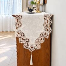 1pc Embroidered Lace Trim Table Runner With Tassel Decor, Suitable For Dining Table, Entryway Table, Side Cabinet, Holiday Decoration & Party Gift, Multiple Size Options - White - View 2