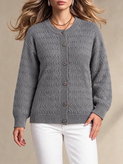 Women's Plus-Size Grey Knit Cardigan, Long Dropped Shoulders, Ribbed Details, Round Neck And Button-Down Front, Perfect For Autumn And Winter Wear.