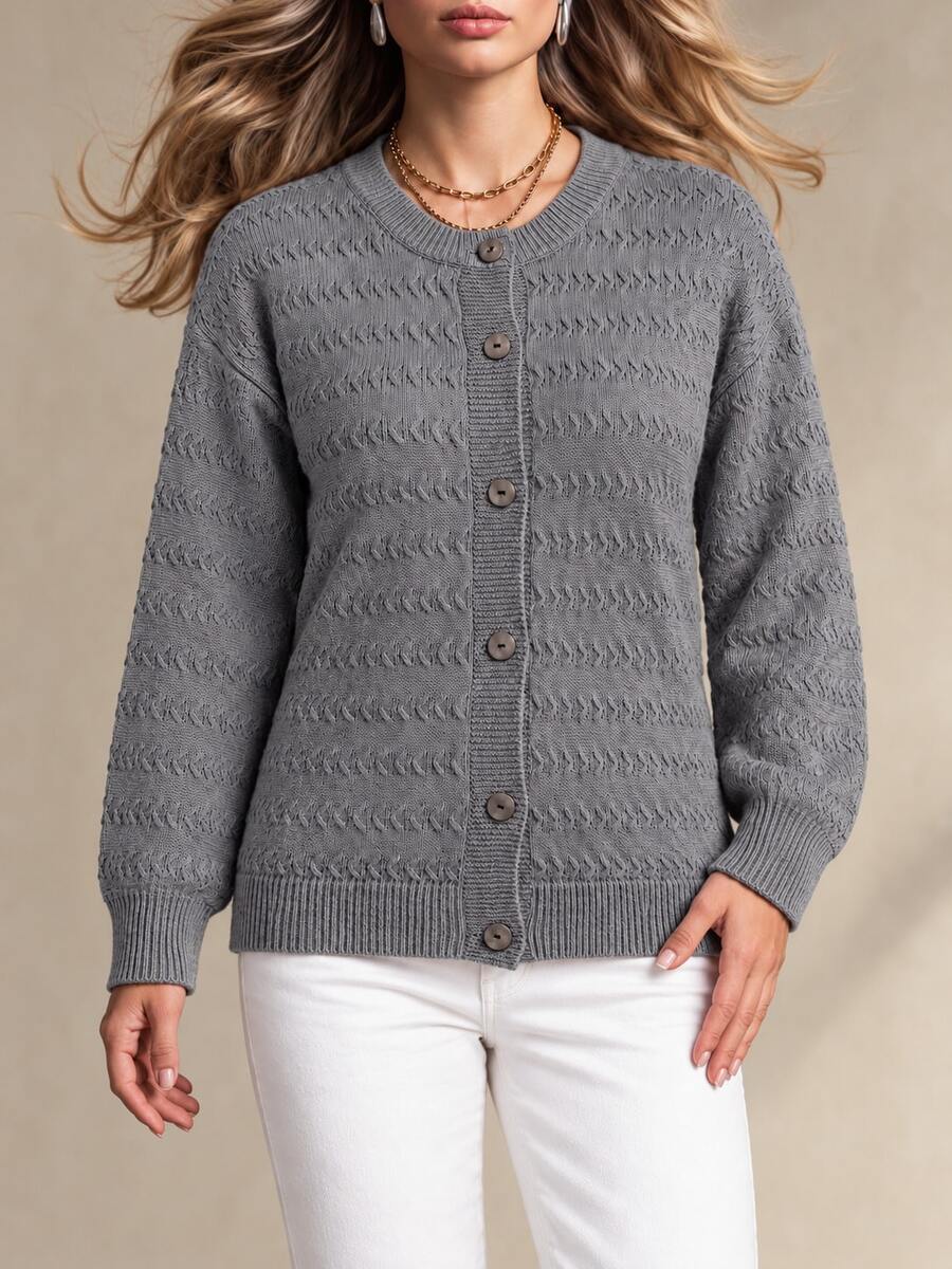Women's Plus-Size Grey Knit Cardigan, Long Dropped Shoulders, Ribbed Details, Round Neck And Button-Down Front, Perfect For Autumn And Winter Wear. - Grey - View 1