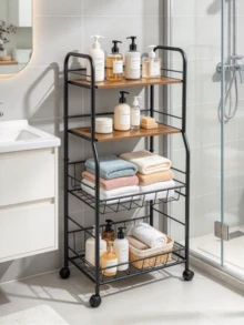 1pc 4-Tier Movable Metal Storage Rack, With Wood Top And Universal Wheels, Wire Storage Baskets, Stable Structure, Space Saving, Floor Standing Storage Rack / Storage Cart, Suitable For Kitchen, Living Room, Bathroom And Dormitory - Multiple Specifications - View 5