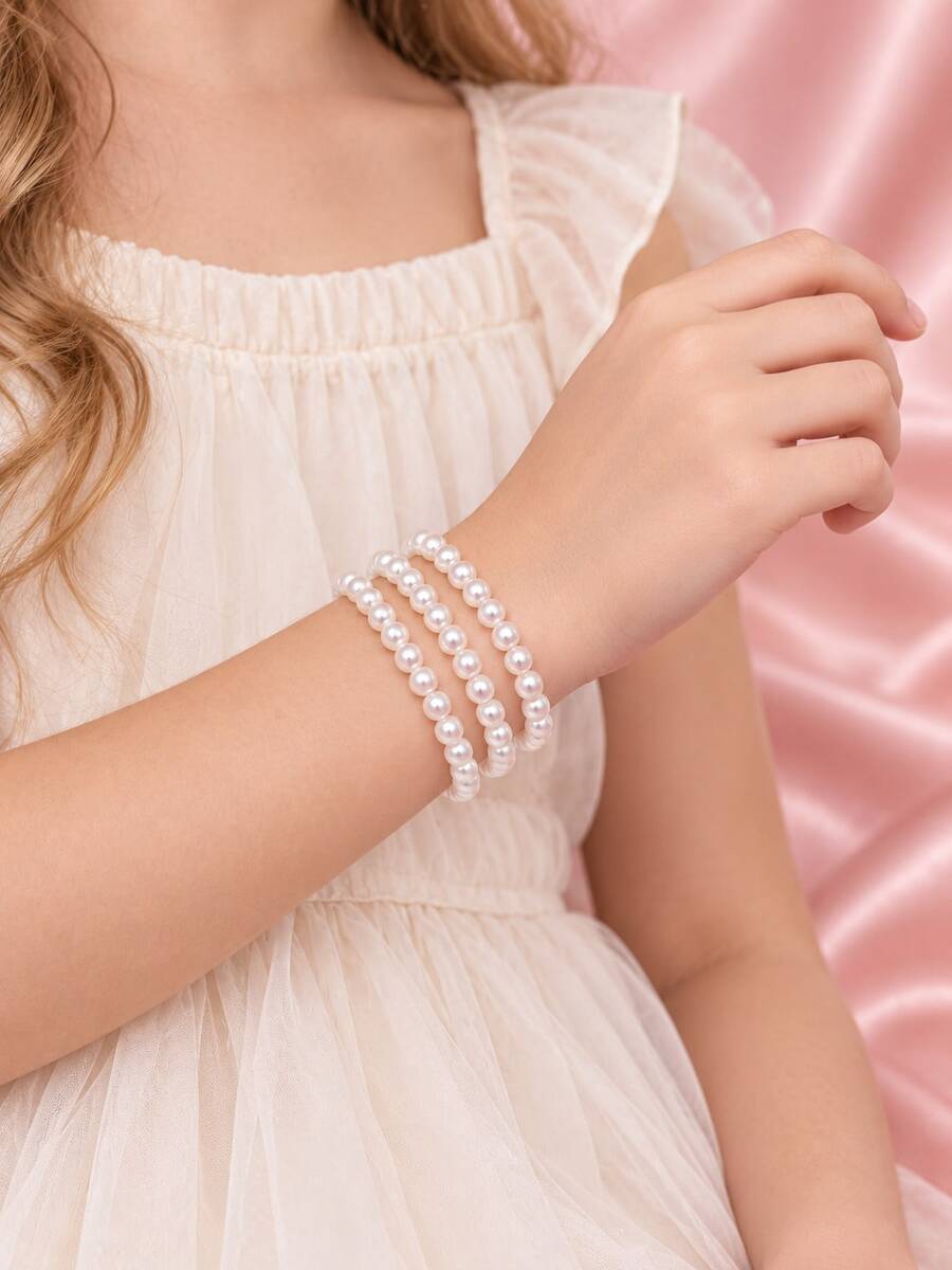 3pcs/Set Girls White 5MM Faux Pearl Bracelet, Stackable Cute Beaded Bracelet, Children's Jewelry, Birthday Party Back To School Daily Wear Gift Accessory - White - View 1