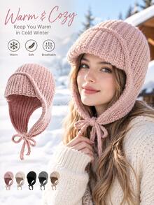 Women's Autumn/Winter Long Earflap Knitted Hat, Cycling Riding Cold-Proof Warm Hat, Face-Slimming Beanie, Lei Feng Hat, Winter Warm Hat, Perfect For Daily Wear - Multicolor - View 1