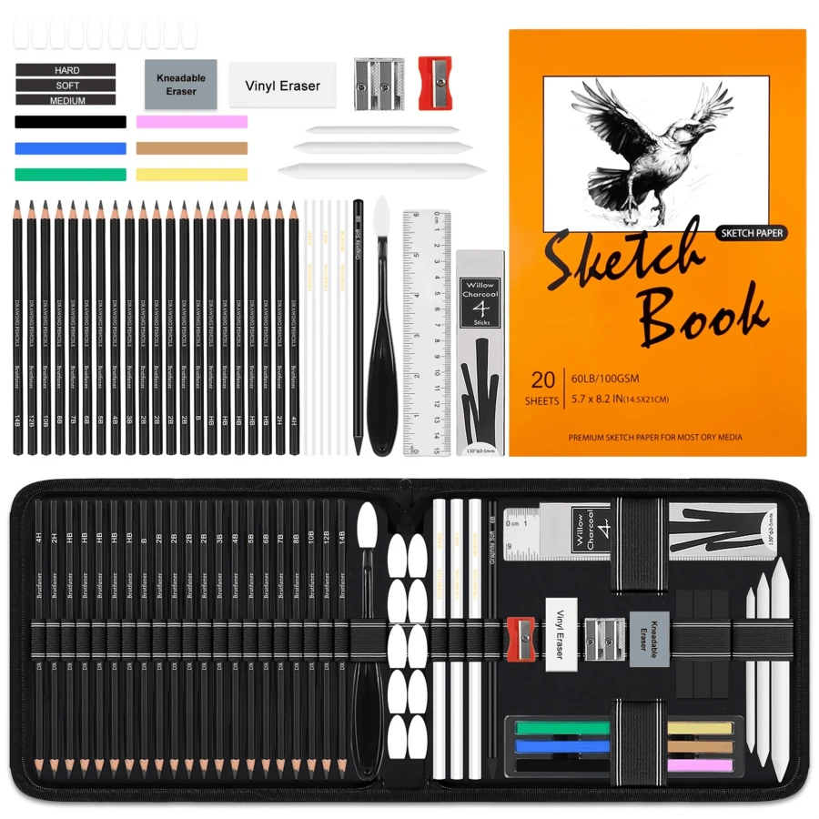64 Art Supplies With Colored Charcoal Pencils,Graphite,Charcoal,Blending Tools,Accessories,Drawing Kit For Adults Artists - 64-piece Sketching Set - View 1