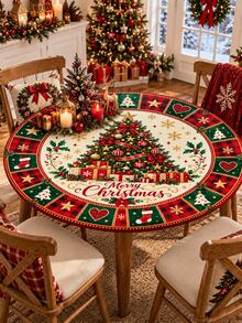 1pc Christmas Tree Gift Table Cover, Elastic Fitted Tablecloth, Merry Christmas Tree Snowflake Heart Star Plaid Print Stretch Spandex Dining Table Cover For Xmas Holiday Party Kitchen Farmhouse Home Decor - Multicolor - View 6