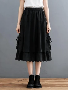 Women's Spring/Summer New Linen Fabric Embroidered Hem Long Skirt, Casual Versatile Elastic Waist Lace Patchwork Skirt Black - Black - View 7