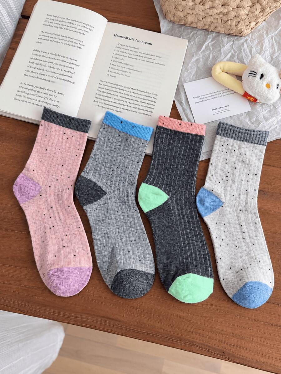 1/4 Pair All-Season Colorful Polka Dot Soft Contrast Toe & Cuff Fresh Bright Mid-Calf Socks - Multicolor - View 1
