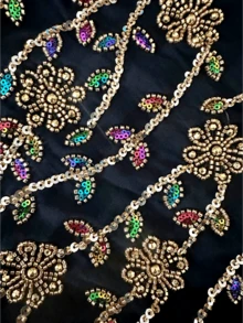 優雅黑色阿拉伯風長洋裝，金色花卉刺繡，立領披肩袖，適合正式場合，高彈性面料 - 黑色 - 查看 6