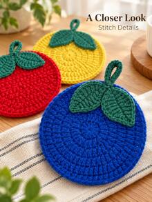 3pcs Colorful Crochet Fruit Coasters With Leaf Design, Cute Coffee Cup Mats, Home Decor, Kitchen Table Decor, Living Room Decor, Autumn Decor, Thanksgiving Table Setting, Christmas Decor, Holiday Gift, Housewarming Gift, Coffee Bar Decor - Multicolor - View 4