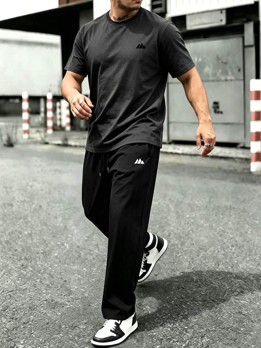 2pcs/Set Men's Fashion Minimalist Letter Print Casual Short Sleeve T-Shirt And Pants Set, Suitable For Street, Outdoor And Daily Wear - Grey - View 1