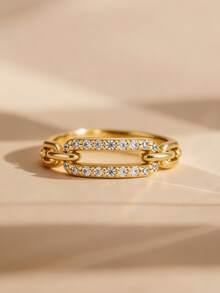 1pc 18K Gold Plated Luxury Chain Link Diamond Ring, Oval Chain Ring, Exquisite Holiday Party Gift For Women - Yellow Gold - View 5