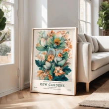 1-Piece Plant And Flower Poster, Printed On Turquoise And Peach Canvas, Vintage Art And Craft Style Wall Decoration.(Optional Frame) - A - View 7