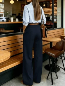 Women's Draped Wide Leg High Waist Straight Leg Suit Pants, Versatile Slimming For Autumn/Winter - Navy Blue - View 2