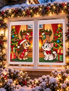 2pcs Christmas Window Decoration Banner, Cute Dog & Cat Printed Polyester Window Decor, Christmas Tree Fireplace Gift Xmas Holiday Home Decoration For Living Room, Bedroom, Party - E - View 4