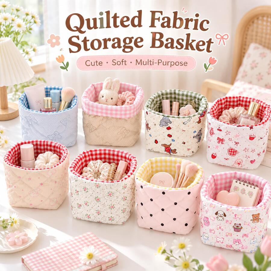 Quilted Fabric Storage Basket, Cute Plaid Desktop Organizer, Soft Padded Design, Foldable Small Storage Bin, Suitable For Cosmetics, Makeup, Stationery, Jewelry And Daily Essentials, Macaron Color Bedroom, Vanity, Dorm And Home Decor, Suitable For Women - View 1