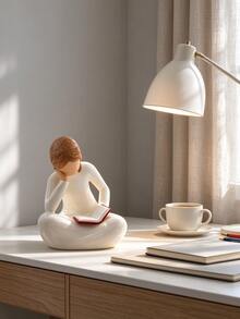 1pc Reading Girl Resin Statue, Cream White Nordic Style, Bookshelf Decor, Desktop Ornament, Back To School Gift, Teacher Gift, Bedroom Decor, Study Desk Sculpture, Home Decor - Reading Girl - View 2