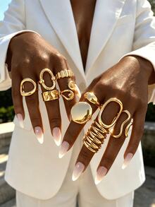 10pcs/Set Fashion Minimalist Elegant Exquisite Vintage Geometric Hollow Circle, Asymmetric Pleated Texture, Cross Multi-Layer Smooth Simple Wide Thick Ring Set, Suitable For Daily Wear And Gifting - 10pcs - View 5