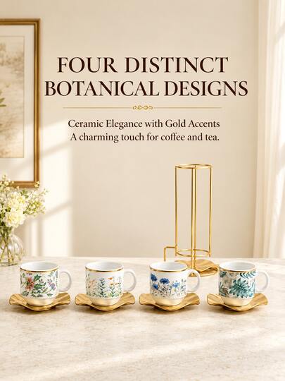 1 Set, Vintage Floral Ceramic Coffee Cup Set With Gold Metal Rack, 4 Stackable Cups, 4 Stainless Steel Saucers And 4 Cherry Blossom Spoons, Space-Saving Tea/Espresso Utensil Set, Elegant Kitchen Decor, Housewarming Gift