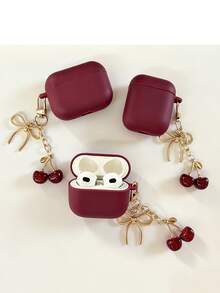 1pc Cute Cherry Bow Keychain TPU Earphone Protective Case, Soft Anti-Drop Earphone Shell Cover Compatible With Apple Earphones - Burgundy - View 1