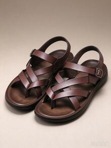 European & American Style Men's Vintage Brown Cross Strap Toe Sandals, Versatile Commuter Breathable Soft Sole Anti-Slip Back Strap Casual Slides - Brown - View 5