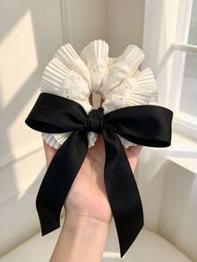 Pleated Lace Oversized Large Intestine Hairband, Versatile And Elegant Ribbon Bow Hair Tie, High-End Elastic Hair Accessory - Multicolor - View 3