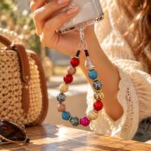 1pc Bohemian Style Contrast Color Beaded Phone Wrist Strap, Colorful Pattern Beaded Phone Lanyard, Dual-Use Bag Charm, Beaded Bracelet Phone Chain, Anti-Lost Hand Carry Pendant - Multicolor - View 5
