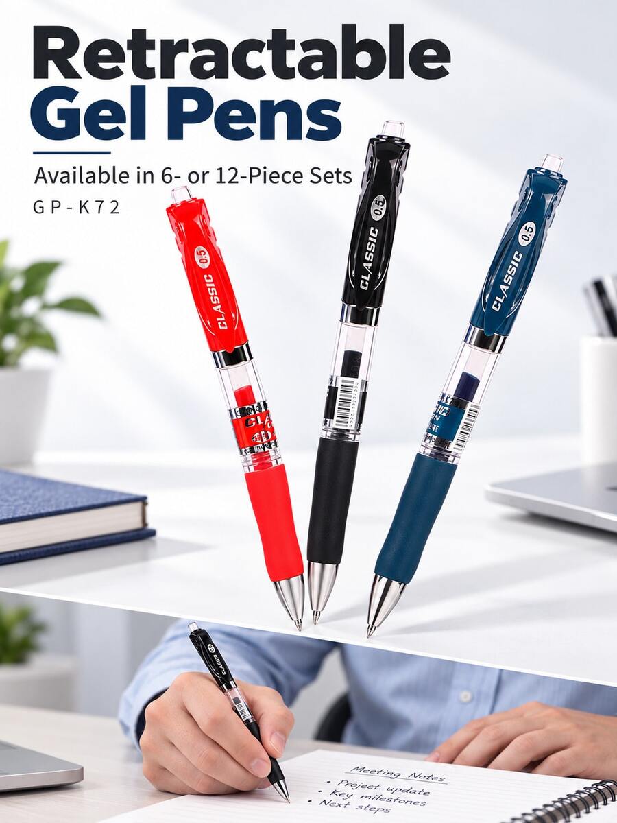3/6/12pcs Retractable Gel Pens Set, 0.5mm Large Capacity Black, Dark Blue & Red Ink Pens, Smooth Writing Signature Pens For Students, Teachers, School Supplies & Office Stationery - Multiple Options Available - View 1