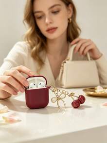 1pc Cute Cherry Bow Keychain TPU Earphone Protective Case, Soft Anti-Drop Earphone Shell Cover Compatible With Apple Earphones - Burgundy - View 3