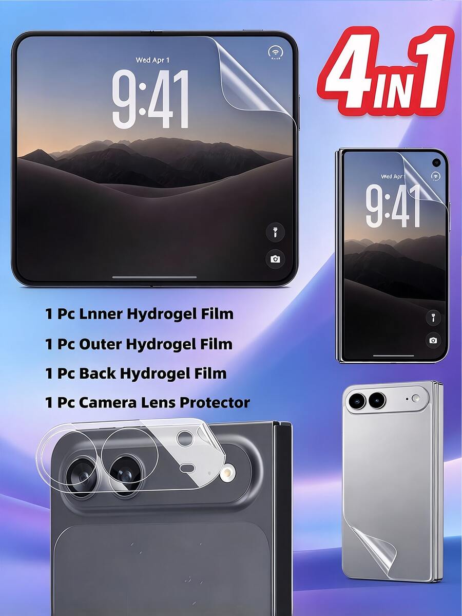 4 In 1 Foldable Phone Hydrogel Film Set, Inner Screen + Outer Screen + Back Film + Camera Lens Protector, Clear Soft Screen Protector For Flip Compatible With IPhone Duo - Clear - View 1