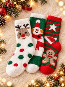 1/3/5/7 Pairs Unisex Christmas Santa Claus, Reindeer, Snowman Pattern Red & Green Contrast Color Plush Mid-Calf Socks, 3D Fluffy Pattern With Soft Cuff, Warm And Comfortable, Cute Holiday Style, Suitable For Winter Home, Christmas Party And Gift Giving - Multicolor - View 2