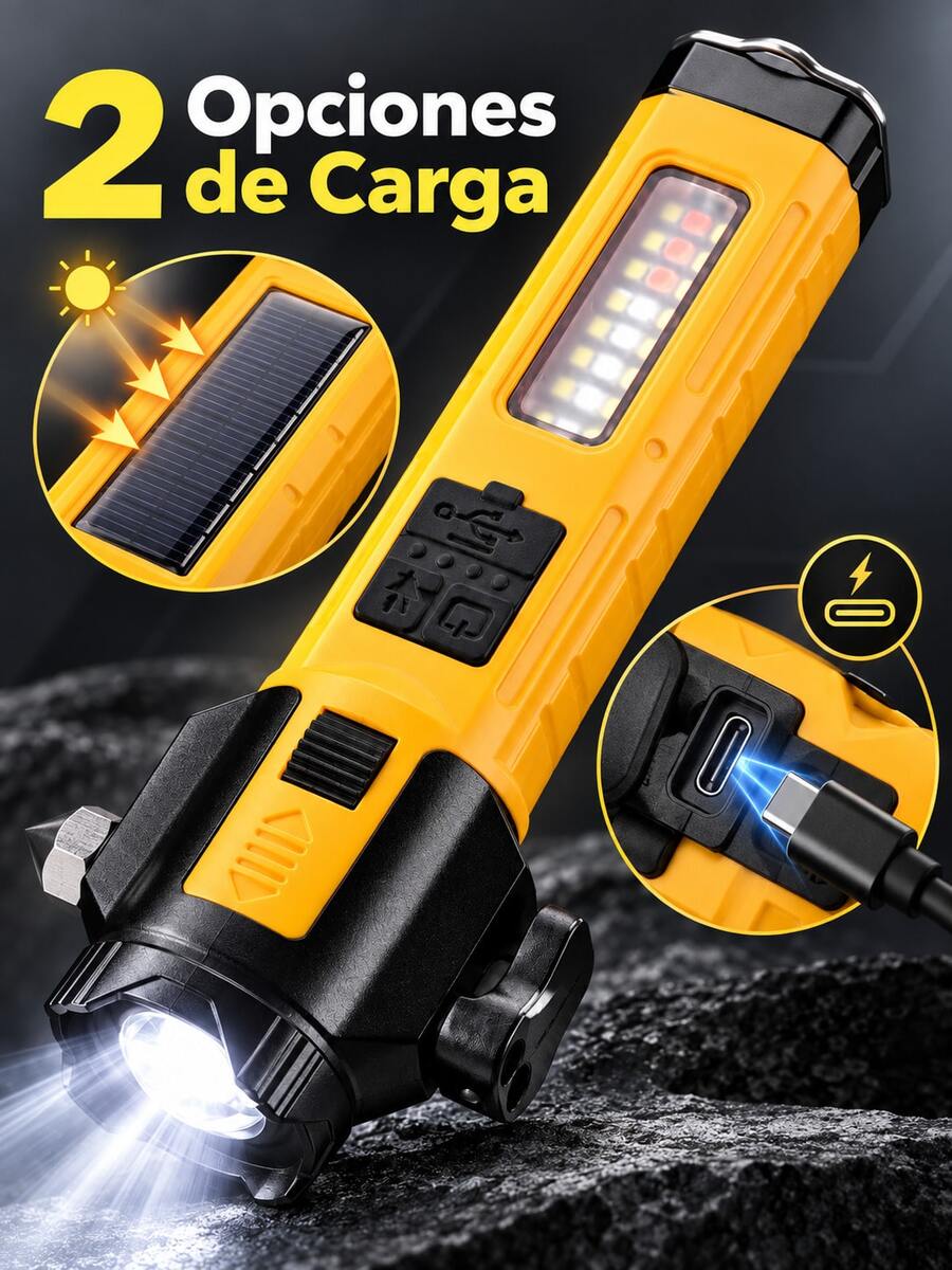 linterna de emergencia, linterna para auto, linterna multifuncional, linterna LED, linterna recargable,linterna emergencia auto,Linterna de Emergencia Multifuncional para Auto con , Cortador de Cinturón, Luz LED Lateral, Enfoque Ajustable, Luz de Advertencia, Panel Solar y Carga Tipo-C para Coche, - Rectangular - Ver 1
