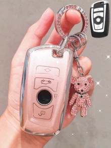 Car Key Cover With Rhinestone Bear Keychain, Quicksand Pink Key Cover YK2 Suitable For BMW 1, 3, 5 Series, F20, F30, G20, F31, F34, F10, G30, F11, X3, F25, X4, I3, M3, M4 - Essential For BMW Enthusiasts - Quicksand Style - View 2