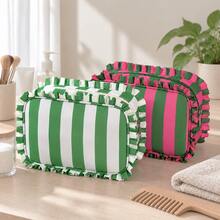 Custom Embroidered Striped Ruffle Trim Makeup Bag, Large Capacity Cosmetic Bag, Travel Makeup Organizer For Girl, Perfect Personalized Gift - Multicolor - View 10
