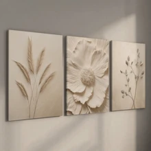 3-Piece Frameless Plant Canvas Wall Art, Minimalist Beige Plant And Abstract Leaf Print, Suitable For Living Room And Bedroom - A - View 12
