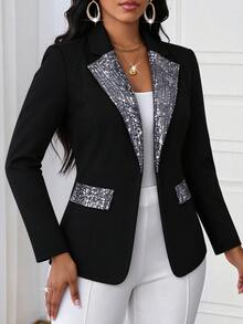 Fashionable Elegant Women's Knit Long Sleeve Sequin Patchwork Lapel Faux Pocket Jacket, Suitable For Autumn/Winter Holiday Occasions - Black - View 4