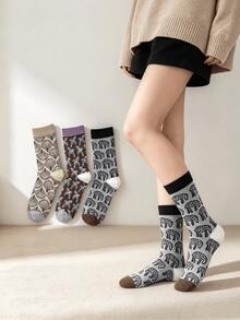 1/3 Pairs All-Season Vintage Artistic Jacquard Pattern Fashion Versatile Mid-Calf Socks - Multicolor - View 1