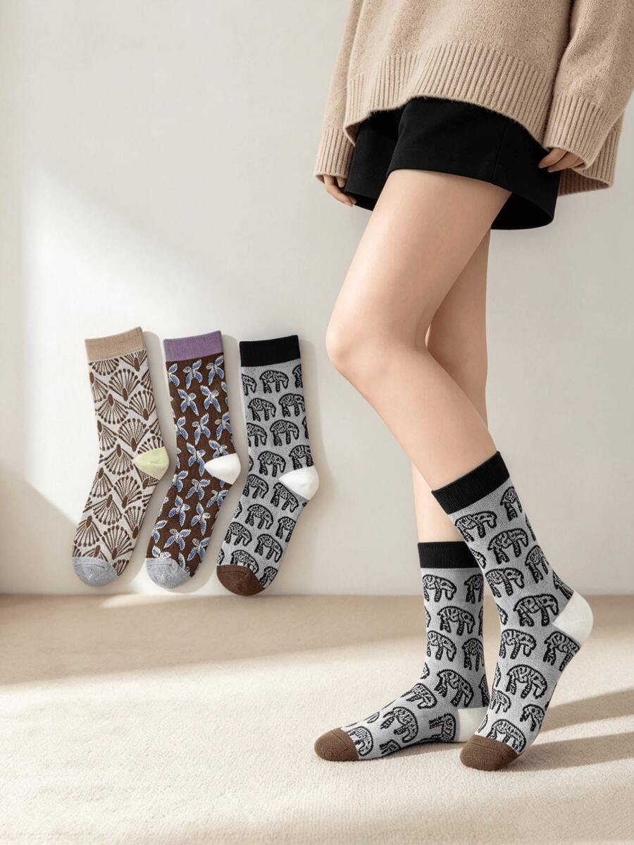 1/3 Pairs All-Season Vintage Artistic Jacquard Pattern Fashion Versatile Mid-Calf Socks - Multicolor - View 1