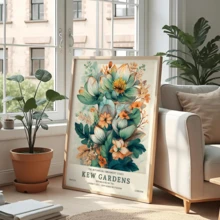 1-Piece Plant And Flower Poster, Printed On Turquoise And Peach Canvas, Vintage Art And Craft Style Wall Decoration.(Optional Frame) - A - View 8