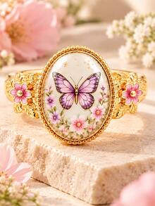 1pc Ladies' Butterfly, Sunflower, Bee Opening Ring, Retro Gold Oval Flower Design With Pink Flower Decoration, Rustic Jewelry, Nature Enthusiast Gift - Gold - View 3