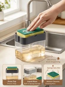 1pc Kitchen Soap Dispenser, Plastic Soap Sponge Holder And Sponge, Dish Soap Dispenser, Space-Saving Kitchen Sink Organizer, Suitable For Home Cleaning, Kitchen Accessories, Kitchen Storage, Bathroom Accessories, Christmas Home Decor,Room Decor - Multicolor - View 3